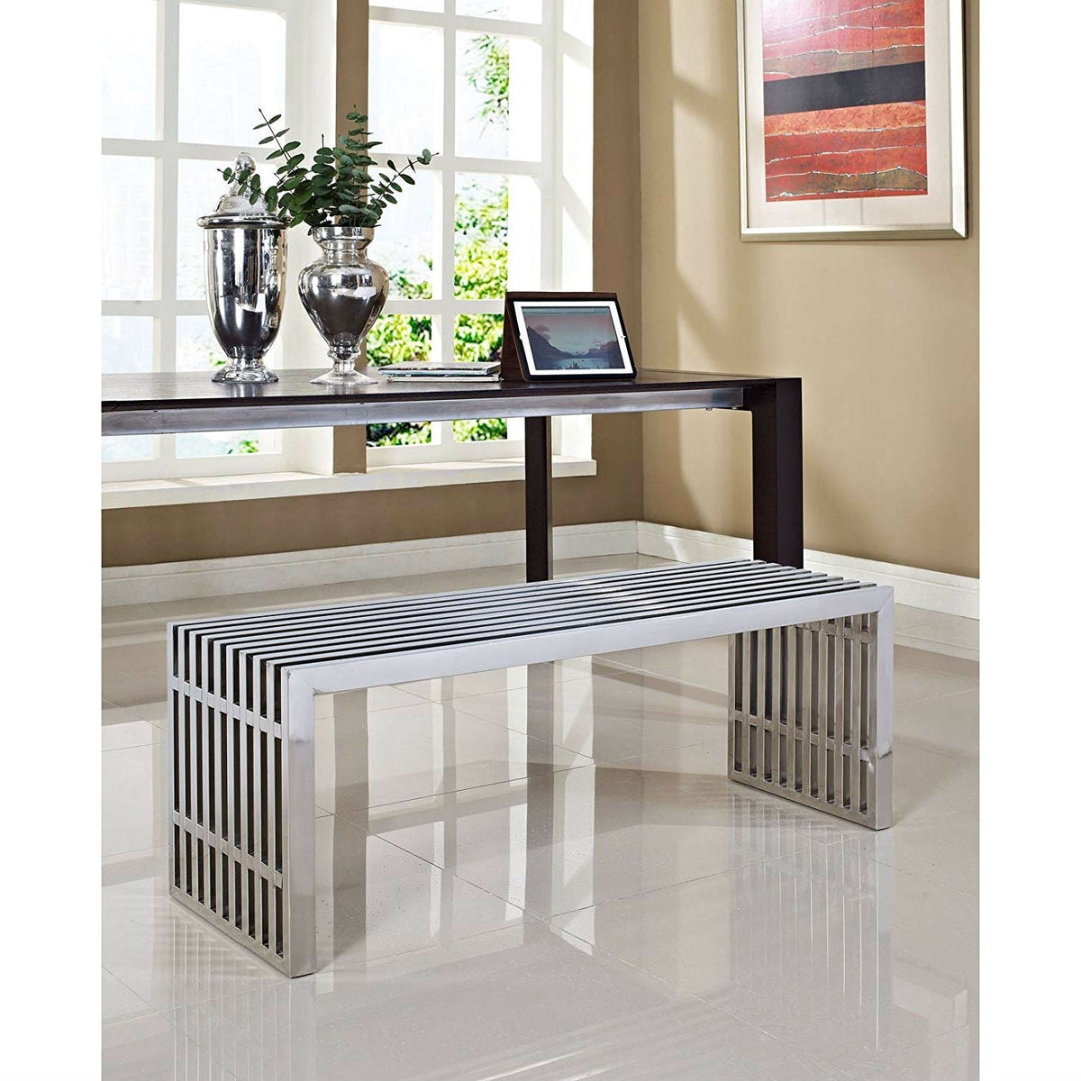 Modern Mid-Century Stainless Steel Accent Bench, photo 3 of 3