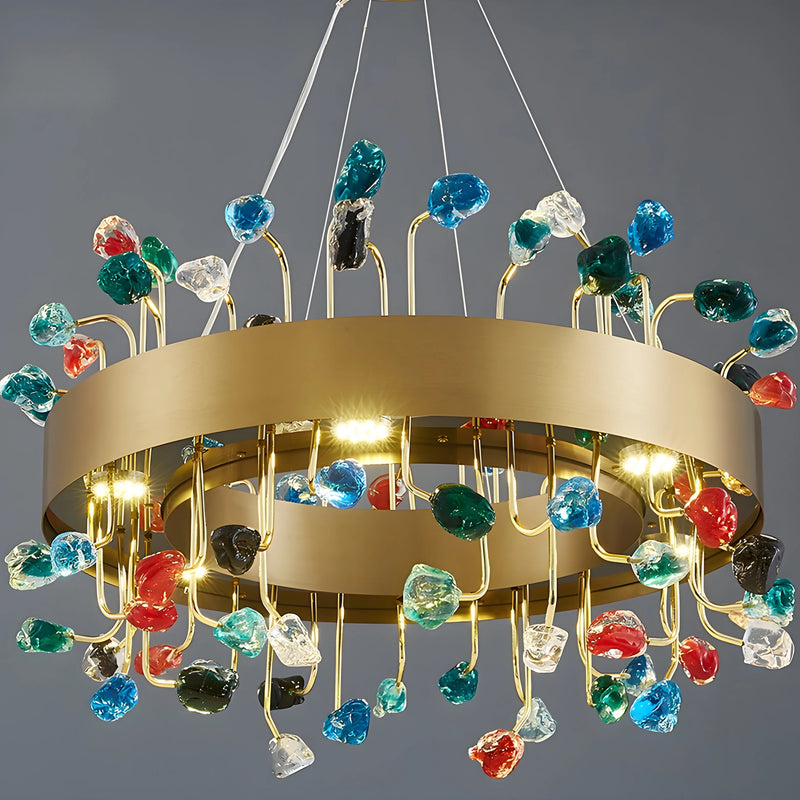 Alpignano | Gold Round Colorful Crystal Chandelier for Living room, Kitchen