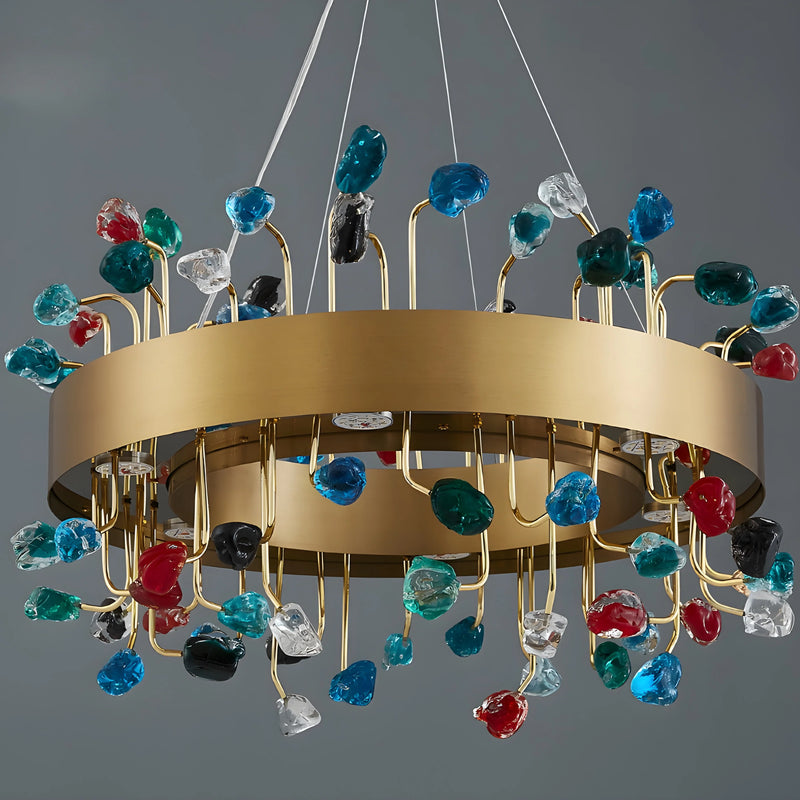 Alpignano | Gold Round Colorful Crystal Chandelier for Living room, Kitchen