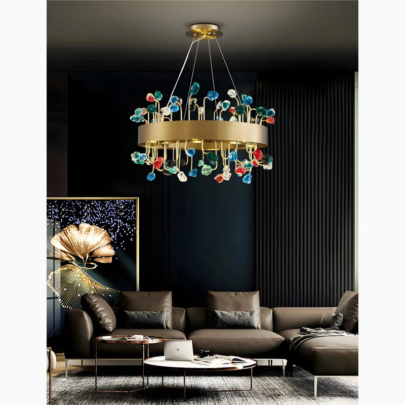 Alpignano | Gold Round Colorful Crystal Chandelier for Living room, Kitchen