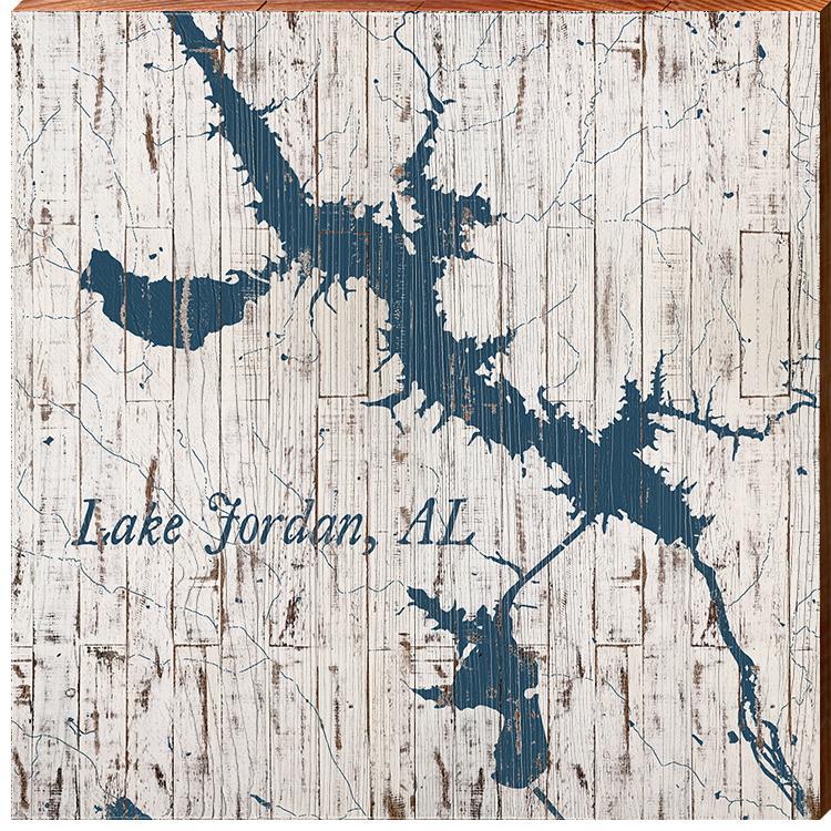 Lake Jordan, Alabama Navy & White Shabby Map Wall Art | Wall Art Print on Real Wood