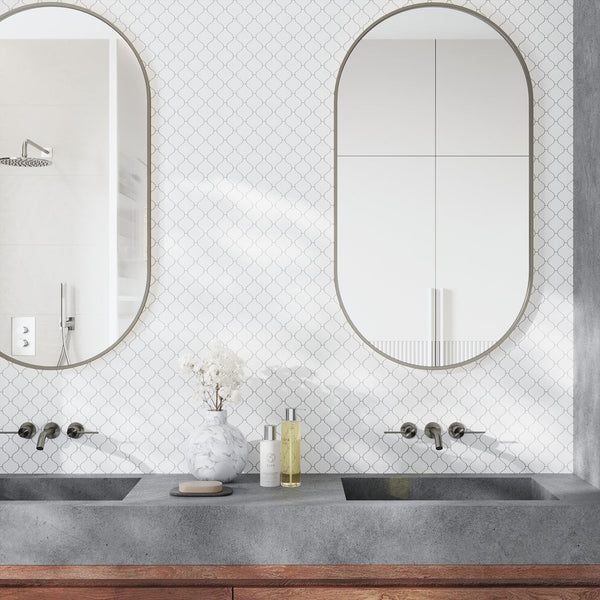 Snow White 10x11 Polished Arabesque Thassos Marble Mosaic Tile (5 pack, 3.75 sq ft/case), photo 2 of 3