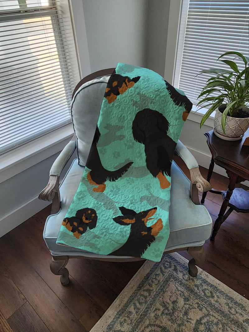 Longhaired Black Tan Dachshund Quilted Blanket 50x60