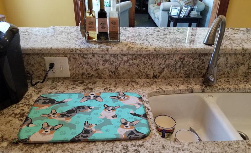 Blue Merle Welsh Cardigan Corgi Dish Drying Mat – Absorbent, Artistic Kitchen Essentials