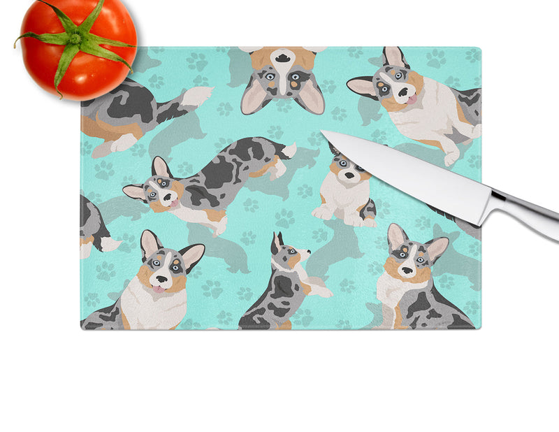 Blue Merle Welsh Cardigan Corgi Glass Cutting Boards – Durable, Decorative Kitchen Art Large