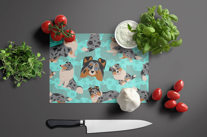 Blue Merle Sheltie Glass Cutting Boards – Durable, Decorative Kitchen Art Large