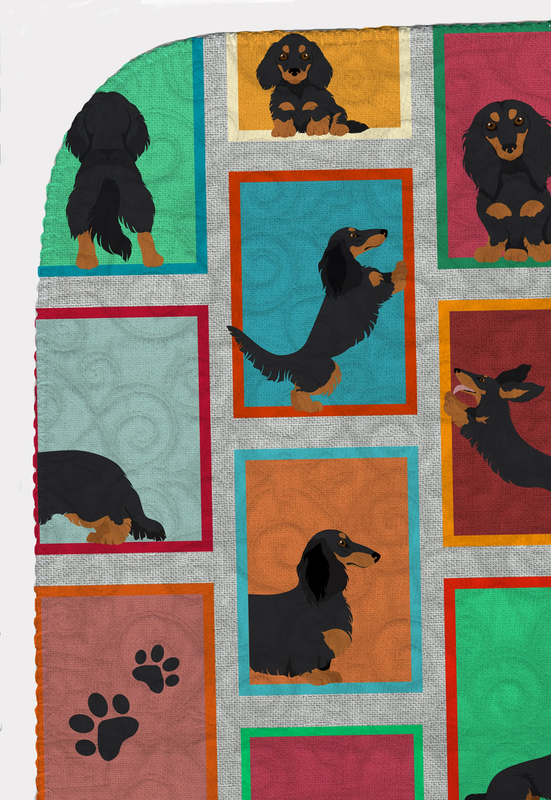 Lots of Longhaired Black Tan Dachshund Quilted Blanket 50x60