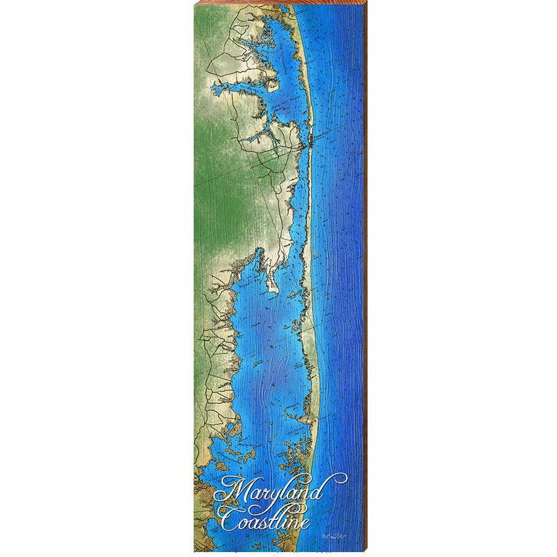 Maryland Coastline Map Home Decor Art Print on Real Wood