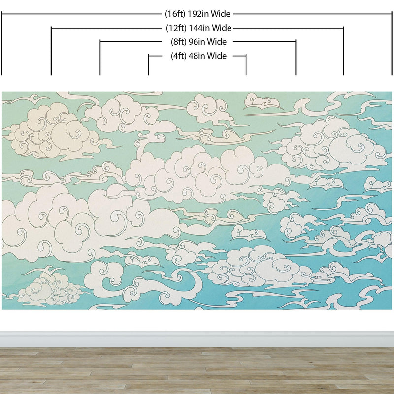 Japanese Traditional Curly Cloud in Sky Abstract Illustration Asian Decor Wall Mural. Peel and Stick Wallpaper.