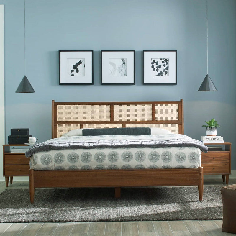 King Size Hardwood Platform Bed Frame with Cane Paneling Headboard in Walnut, photo 3 of 5