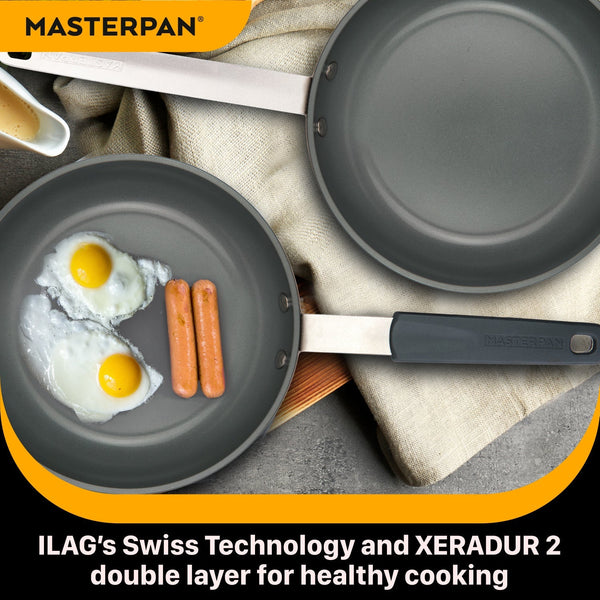 MASTERPAN Ceramic Nonstick Stovetop Oven Frypan & Skillet with Stainless Steel Lid & Utensils, Grey 9.5" (24cm), installed in a room