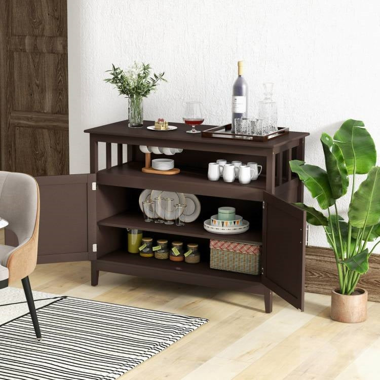 Dark Brown Wood 2-Door Dining Buffet Sideboard Cabinet with Open Storage Shelf, photo 3 of 5