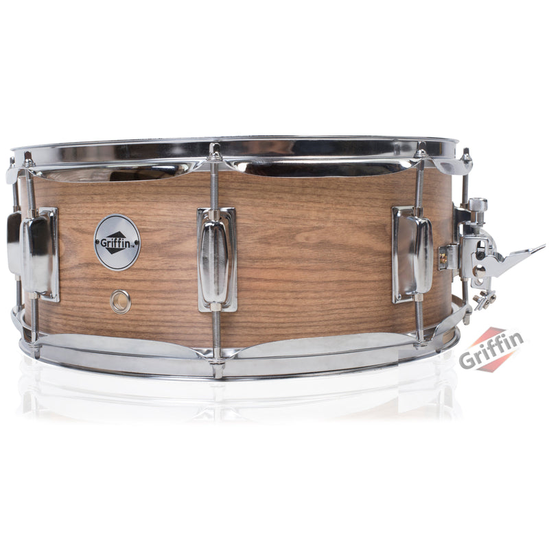 Oak Wood Snare Drum by GRIFFIN - PVC on Poplar Wood Shell 14" x 5.5" - Percussion Musical Instrument with Drummers Key for Students & Professionals