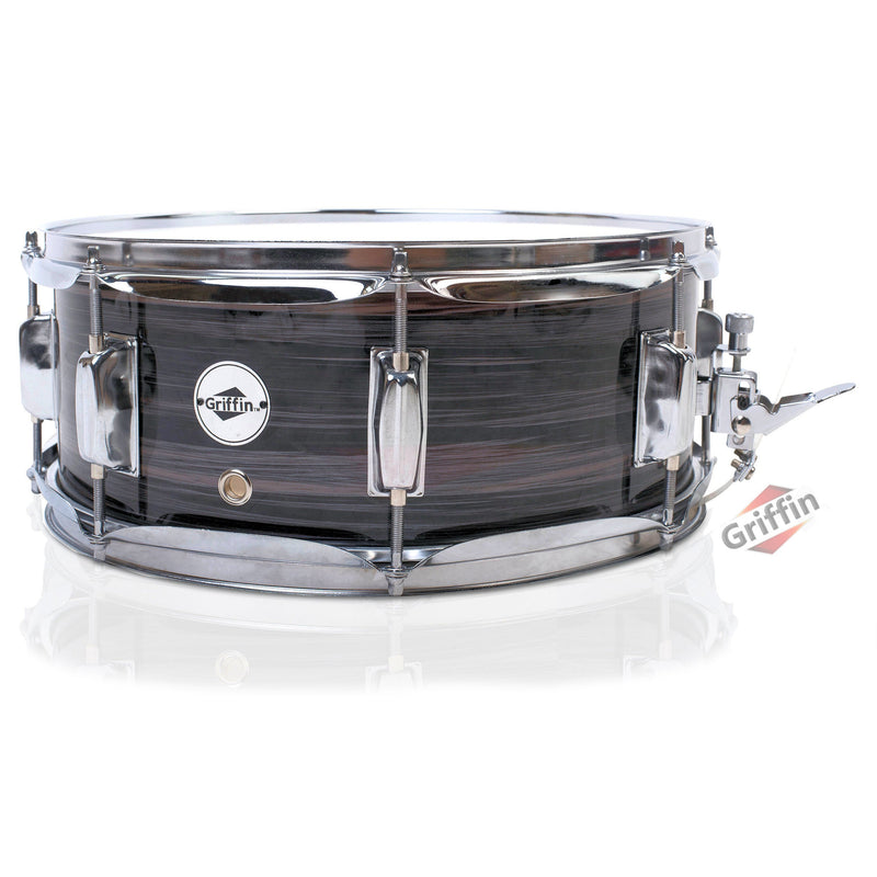 Snare Drum by GRIFFIN - 14" x 5.5" Poplar Wood Shell with Zebra PVC Glossy Finish - Percussion Musical Instrument with Drummers Key for Students