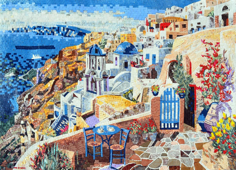 Handmade Mosaic - Santorini Island in The Aegean Sea