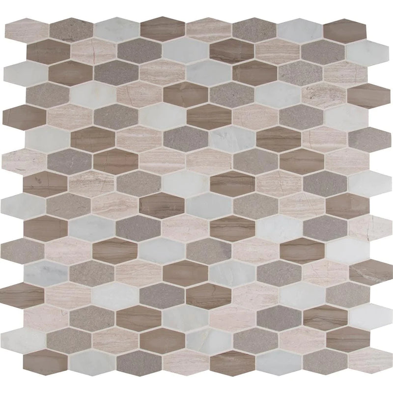 MSI-Bellagio-blend-elongated-hexagon-11.63X12-honed-marble-mosaic-tile-SMOT-BELBLND-HEXEL10MM-multiple-tiles-top-view.