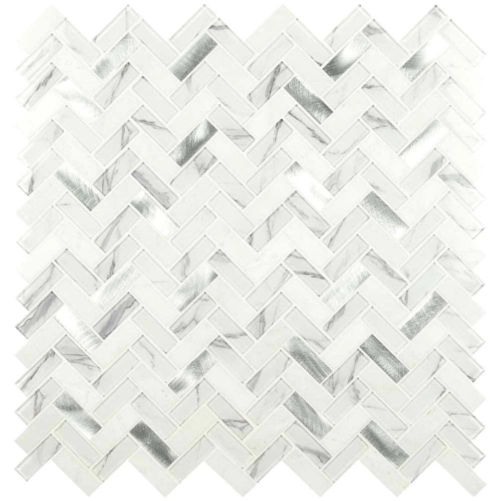 MSI Bytle Bianco Herringbone Glass and Metal Blend Mosaic Tile 12"x12", top view
