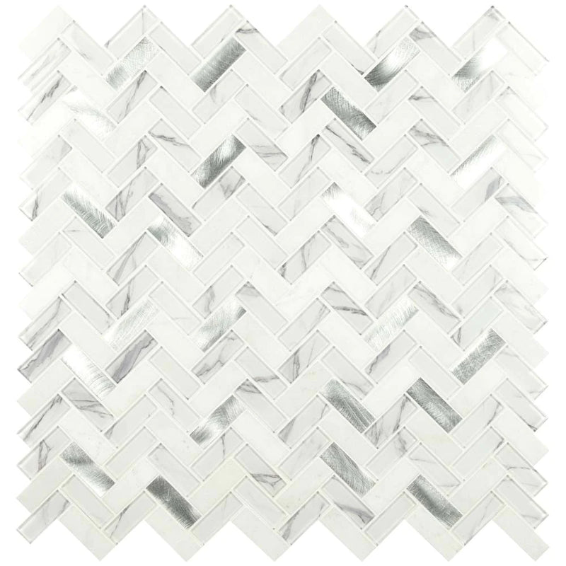MSI Bytle Bianco Herringbone Glass and Metal Blend Mosaic Tile 12"x12", top view