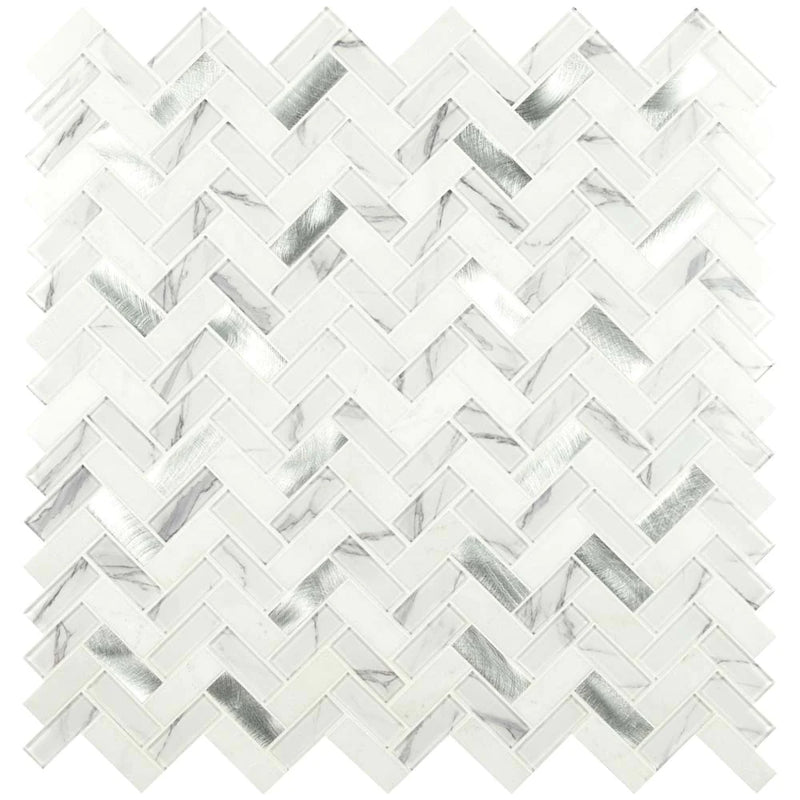 MSI Bytle Bianco Herringbone Glass and Metal Blend Mosaic Tile 12"x12"