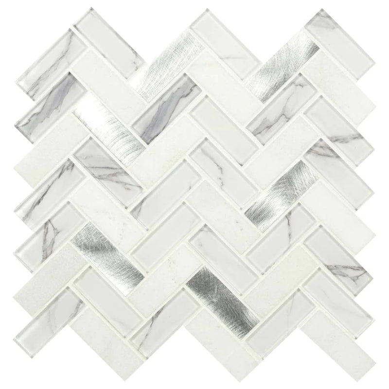 MSI Bytle Bianco Herringbone Glass and Metal Blend Mosaic Tile 12"x12", top view