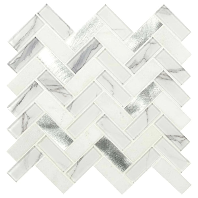 MSI Bytle Bianco Herringbone Glass and Metal Blend Mosaic Tile 12"x12"