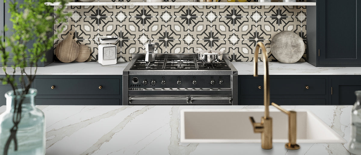 MSI Calacatta Goa™ Premium Quartz Prefabricated Countertop - Island, installed in a room