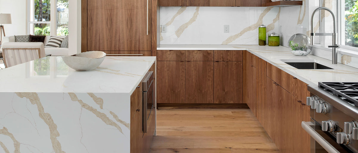 MSI Calacatta Leon Gold™ Premium Quartz Prefabricated Countertop Isl