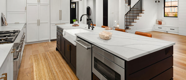 MSI Calacatta Sierra® Premium Quartz Prefabricated Countertop - Island, installed in a room