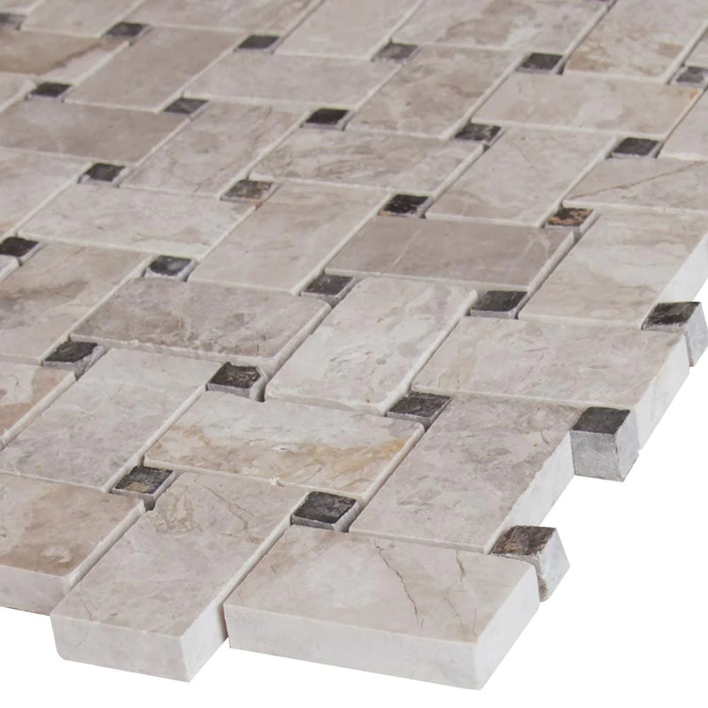 MSI Tundra gray basket weave 12X12 polished marble mosaic tile SMOT TUNGRY BWP edge view.