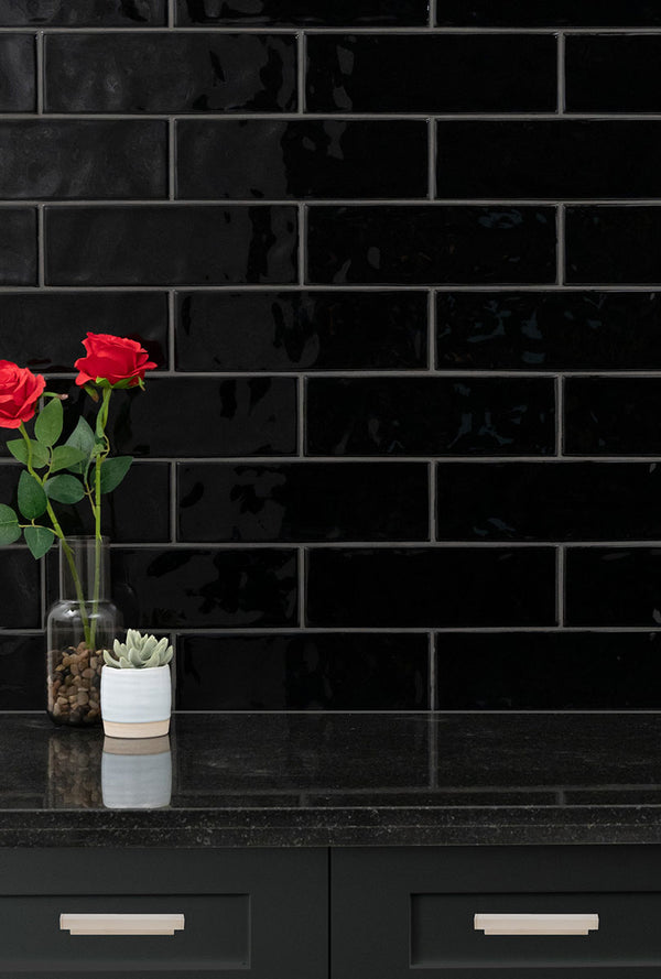 MSI Urbano Ink Glossy Ceramic Subway Tile 4"x12", installed in a room