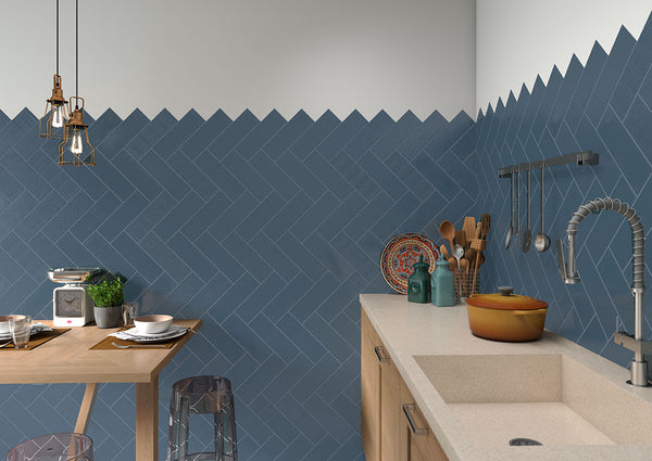 MSI Urbano Navy 3D Mix Glossy Ceramic Subway Tile 4"x12", installed in a room