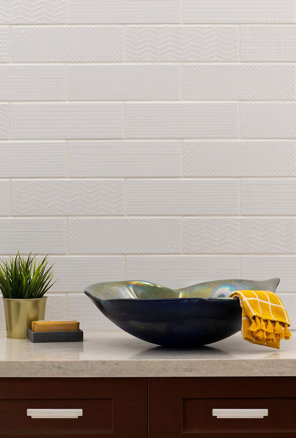 MSI Urbano Pure 3D Mix Glossy Ceramic Subway Tile 4"x12", installed in a room
