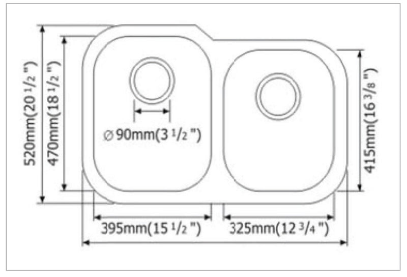 MSI asymetric doublebowl stainless steel sink SIN 18 DBLBWL 6040 3120S draw