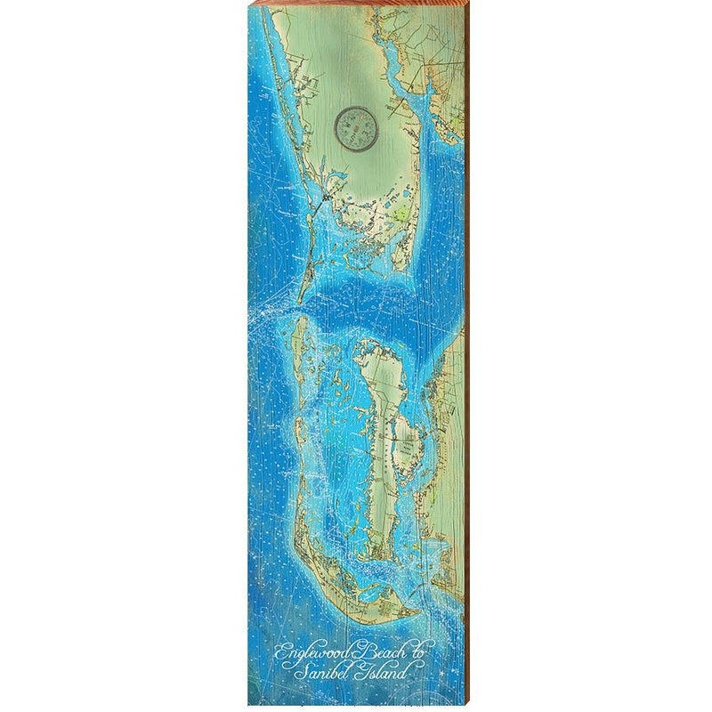 Englewood Beach to Sanibel Island Map Home Decor Art Print on Real Wood