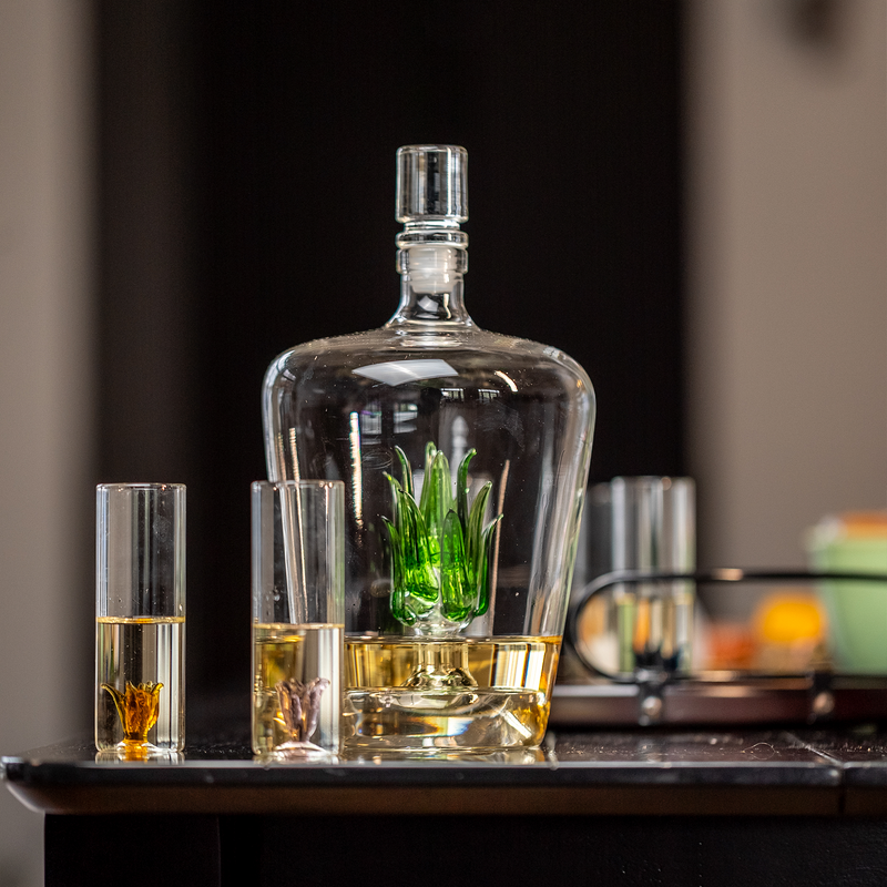 Tequila Decanter Tequila Glasses Set with Agave Decanter and 6 Agave Shot Glass With Stand, Perfect for Gifts for Tequila Lovers, 750mL Bottle, 3 OZ Shot Glass Party Decorations Cinco De Mayo (Agave)