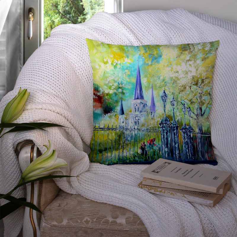 Across the Square St Louis Cathedral Canvas Throw Pillow - 14x14 Decorative Pillow – Art for Your Home & Patio