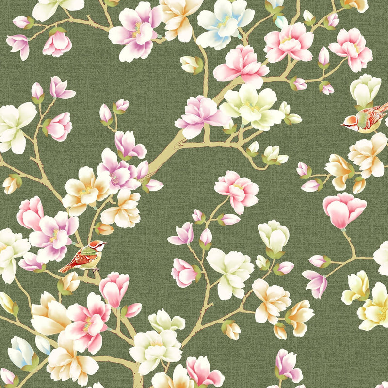 Green Vintage Floral Chinoiserie Wallpaper - Magnolia Flowers Wall Mural