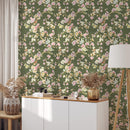 Green Vintage Floral Chinoiserie Wallpaper - Magnolia Flowers Wall Mural
