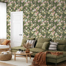 Green Vintage Floral Chinoiserie Wallpaper - Magnolia Flowers Wall Mural