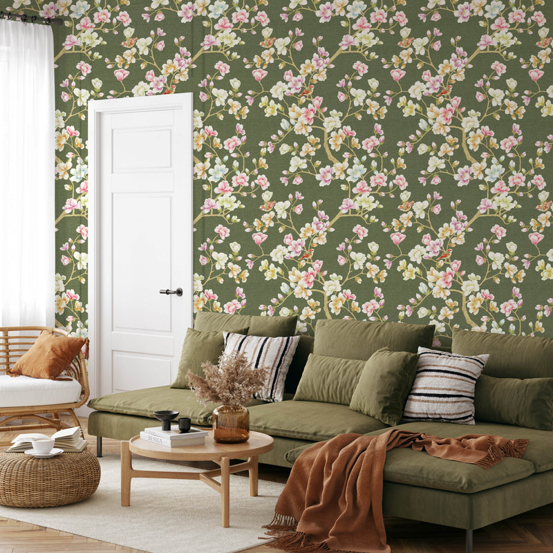 Green Vintage Floral Chinoiserie Wallpaper - Magnolia Flowers Wall Mural