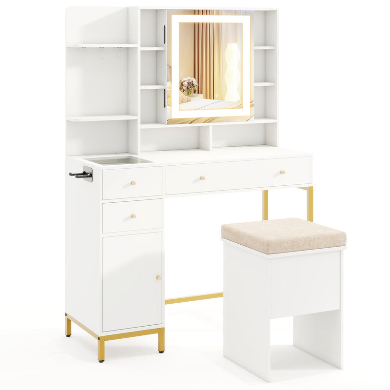 Makeup Dressing Table and Stool set with 3 Lighting Modes and Cabinet-White, photo 3 of 8