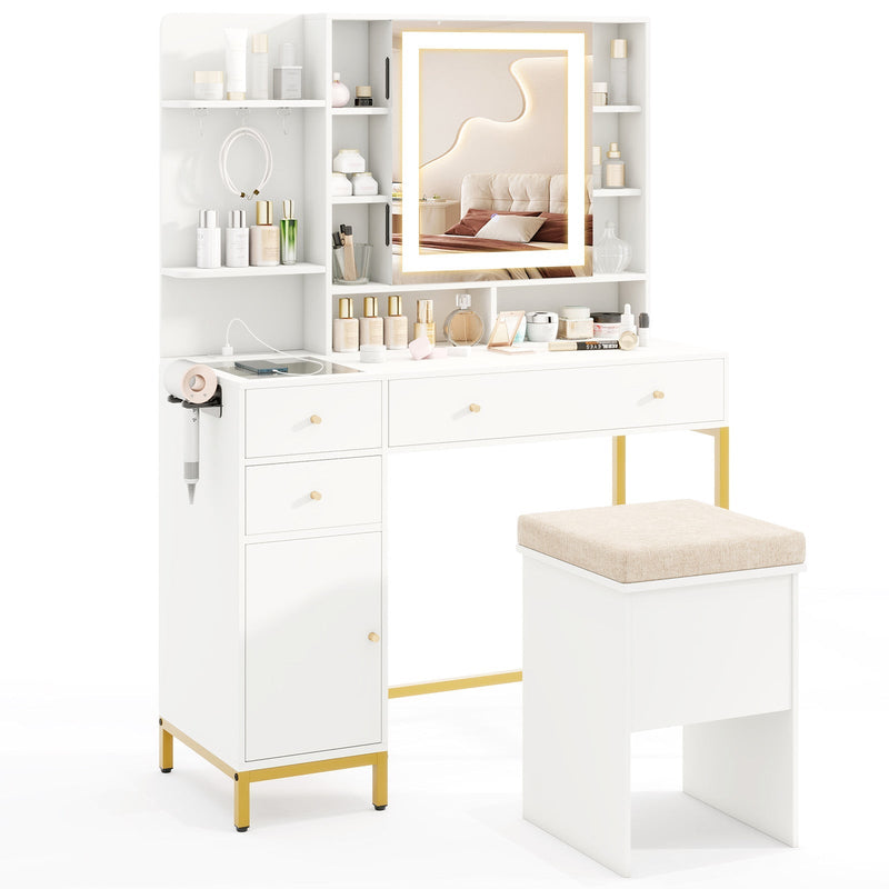 Makeup Dressing Table and Stool set with 3 Lighting Modes and Cabinet-White, photo 4 of 8