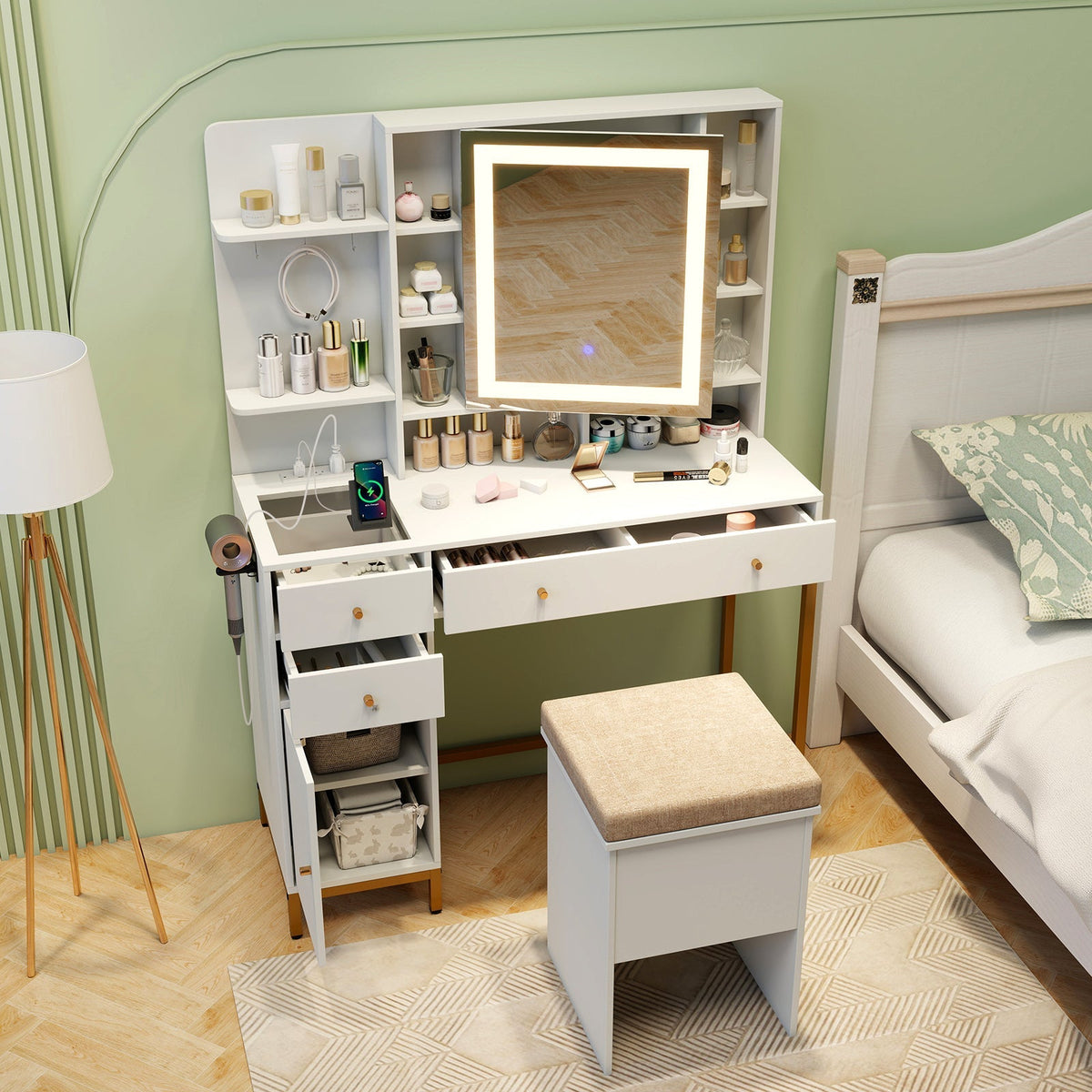Makeup Dressing Table and Stool set with 3 Lighting Modes and Cabinet-White, photo 6 of 8