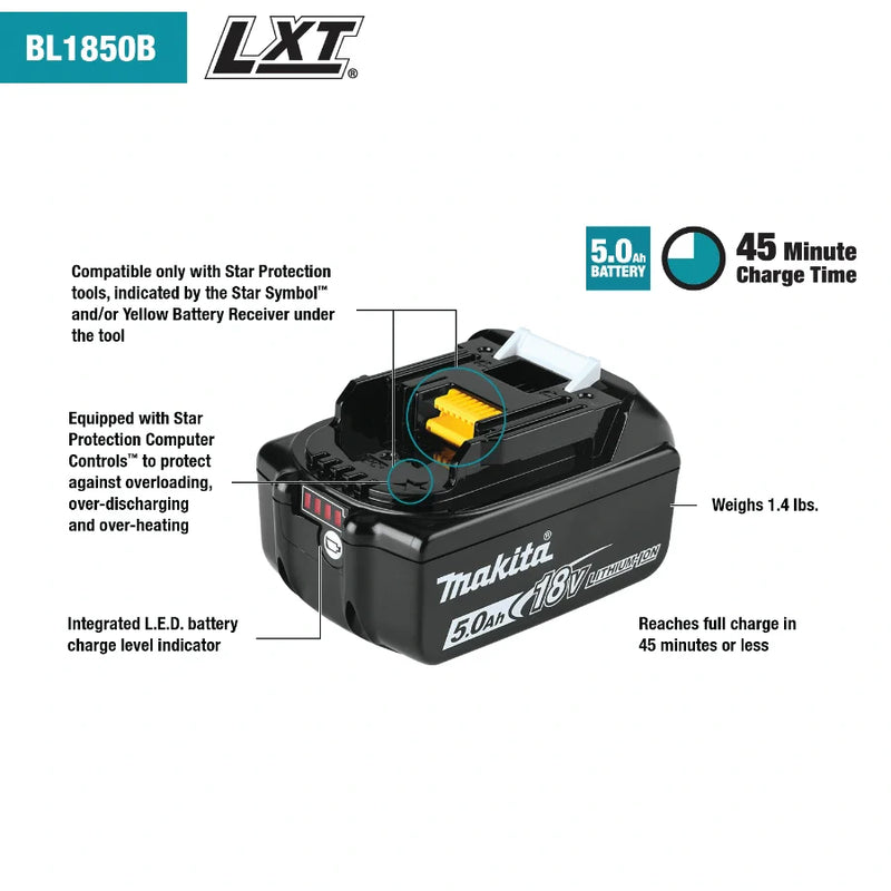 Makita BL1850B 18V LXT® Lithium‑Ion 5.0Ah Battery