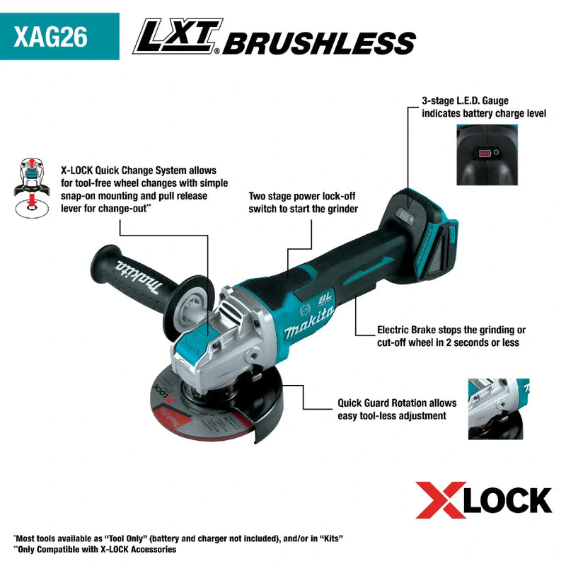 Makita XAG26Z 18V LXT Lithium-Ion Brushless Cordless 4-1/2 / 5" Paddle Switch X-LOCK Angle Grinder