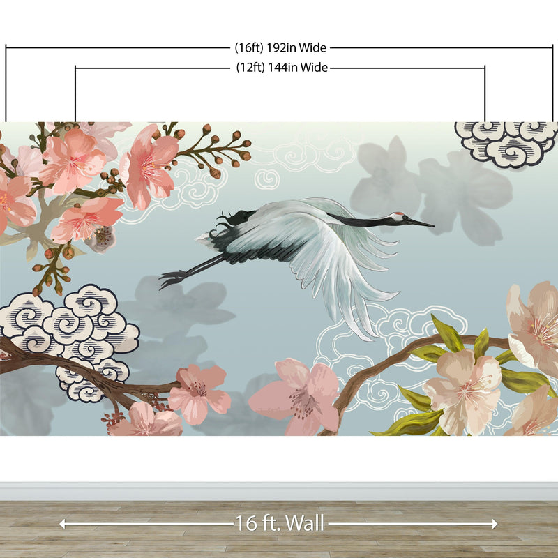 Manchurian Crane Flying Over Cherry Blossoms Peel and Stick Wallpaper | Removable Wall Mural.