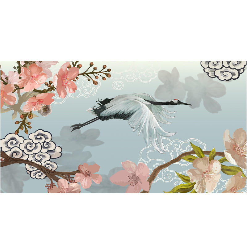 Manchurian Crane Flying Over Cherry Blossoms Peel and Stick Wallpaper | Removable Wall Mural.