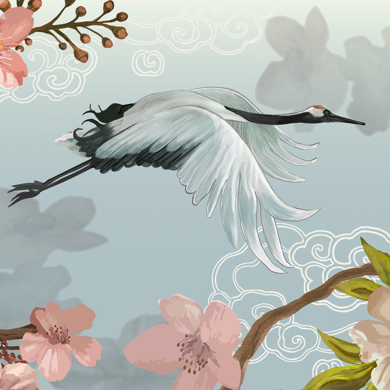 Manchurian Crane Flying Over Cherry Blossoms Peel and Stick Wallpaper | Removable Wall Mural.