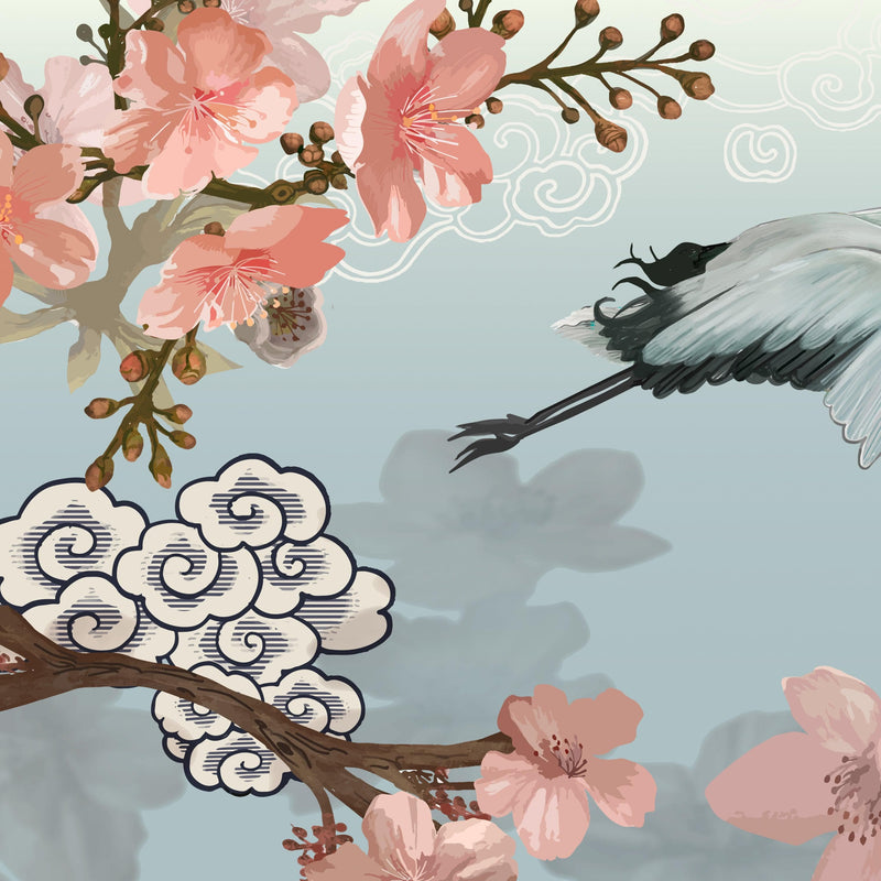 Manchurian Crane Flying Over Cherry Blossoms Peel and Stick Wallpaper | Removable Wall Mural.