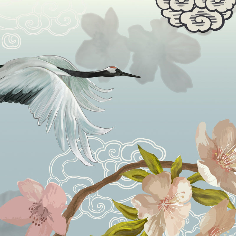 Manchurian Crane Flying Over Cherry Blossoms Peel and Stick Wallpaper | Removable Wall Mural.